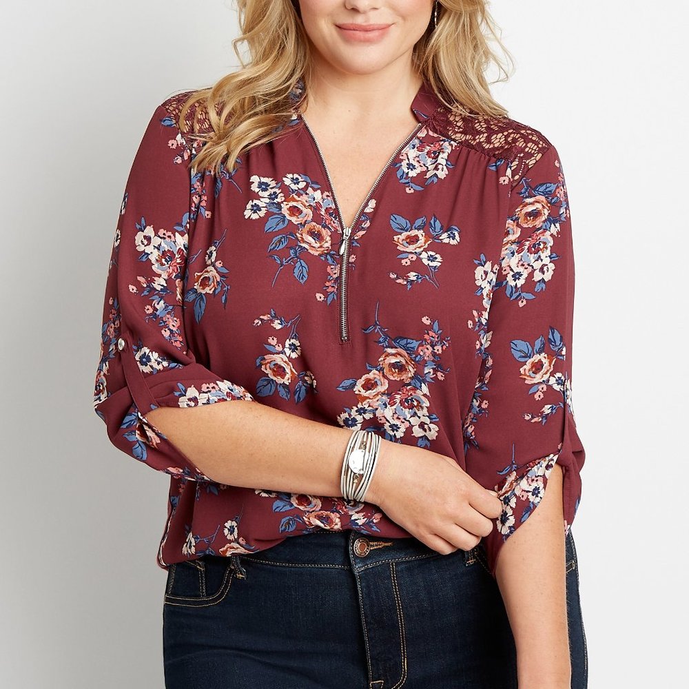 Berry Floral Zipper Blouse